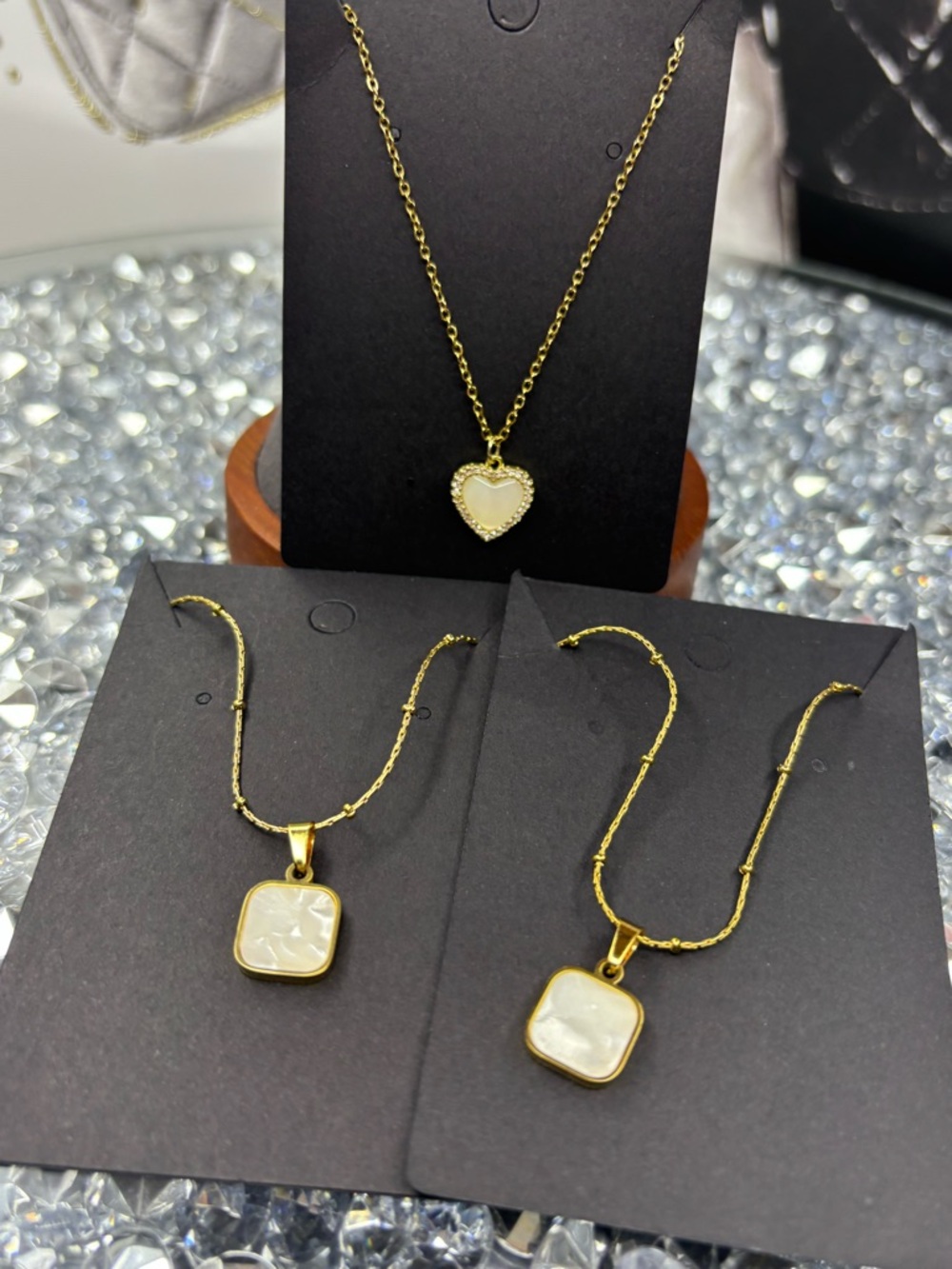 Gold-Tone Heart & Square Mother-of-Pearl Pendant Necklaces (3) - Picture 5 of 7
